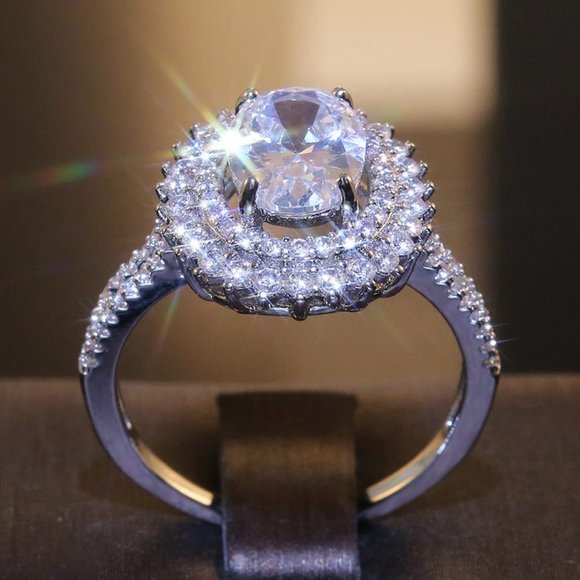 NEW Silver Oval Diamond Double Halo Ring 5 - Picture 2 of 7